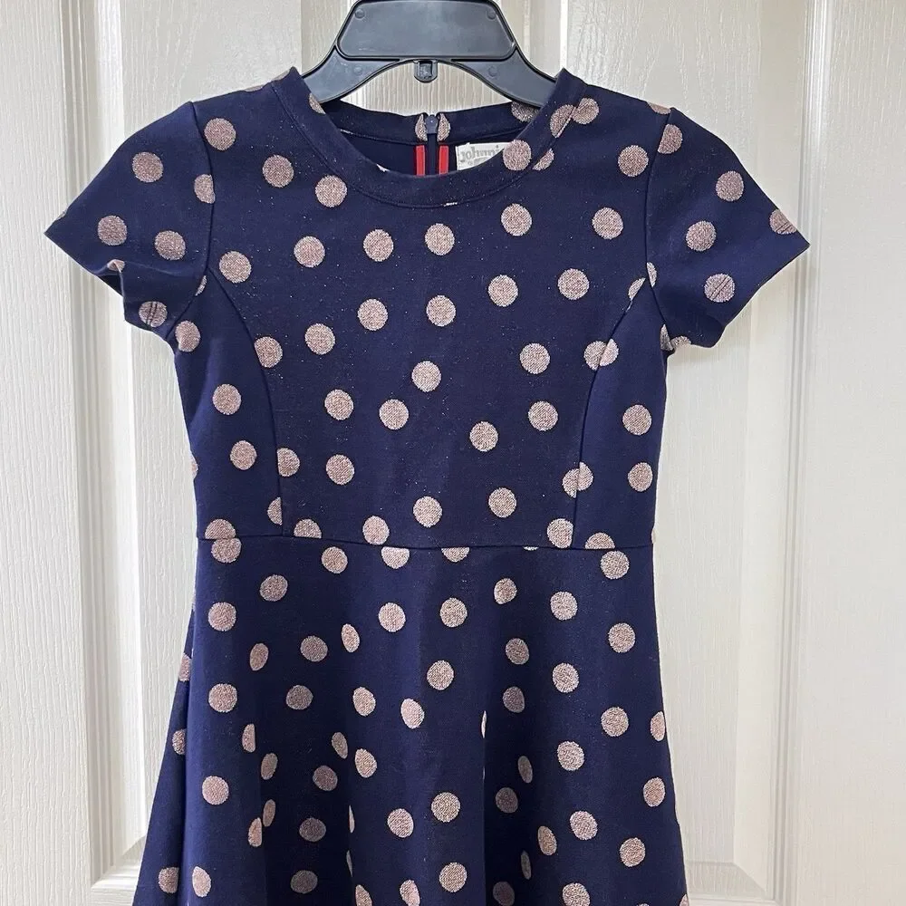 Johnnie B by Boden Navy Blue Gold Polka Dot Dress Fit & Flare Girls Size 9-10